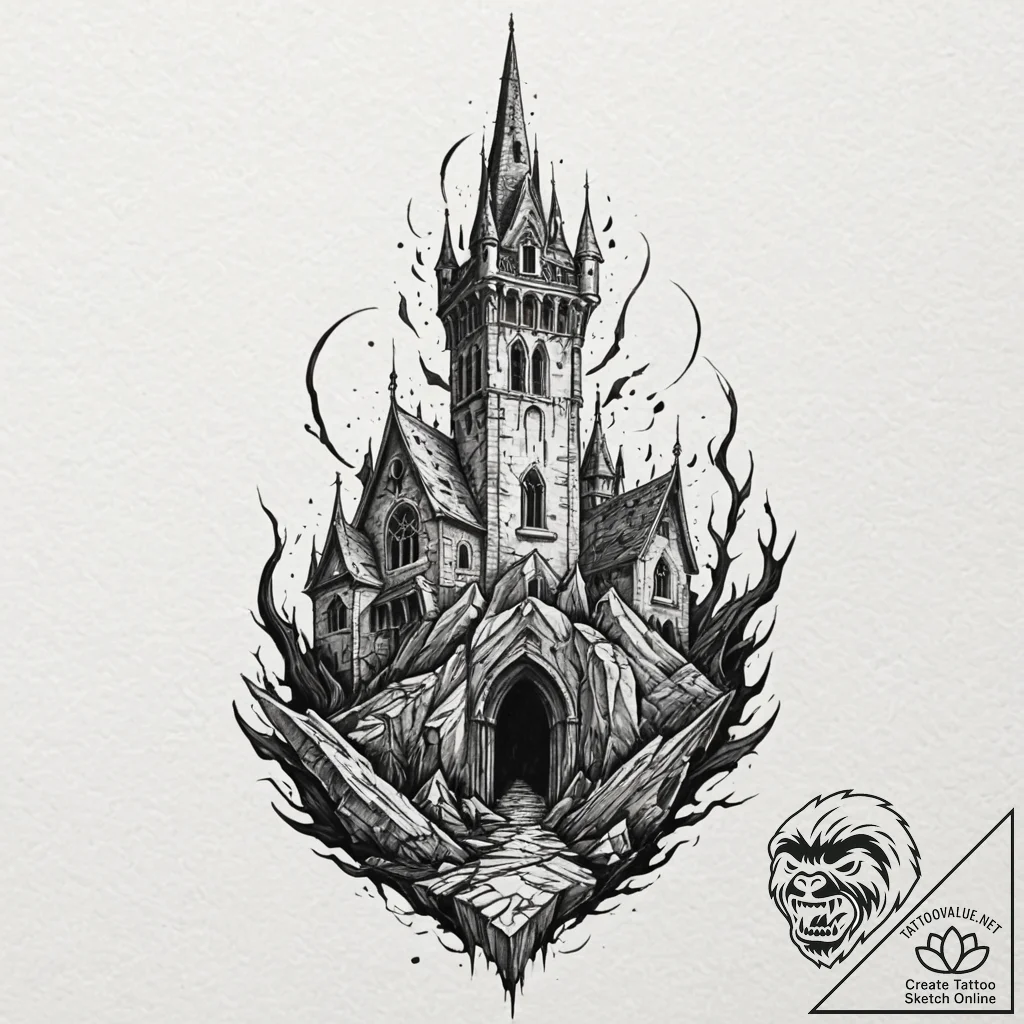 Haunted blade beneath shattered spire, artist... - tattoo sketch (№1753225014_0, 22.07.2025 22:56) — tattoovalue.net
