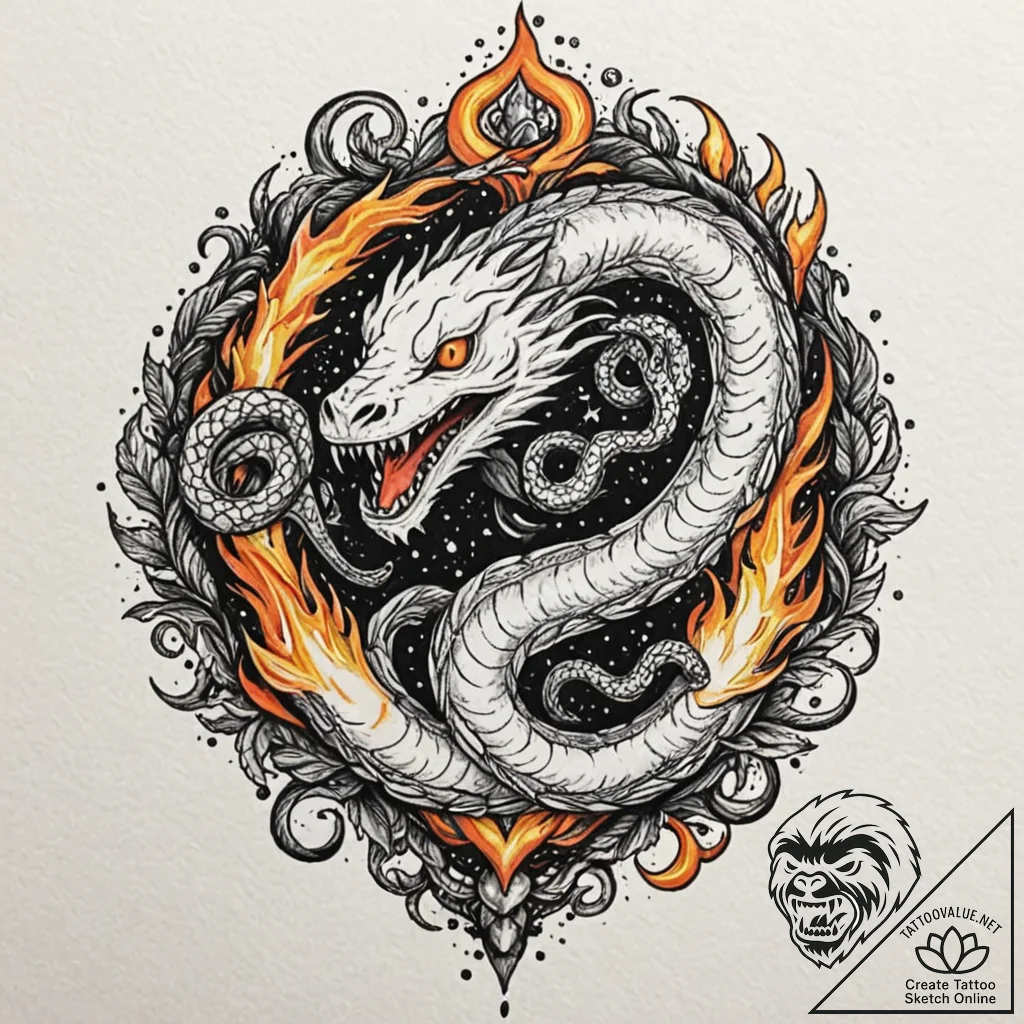 Ghost serpent devouring celestial flame, tatt... - tattoo sketch (№1753225184_0, 22.07.2025 22:59) — tattoovalue.net