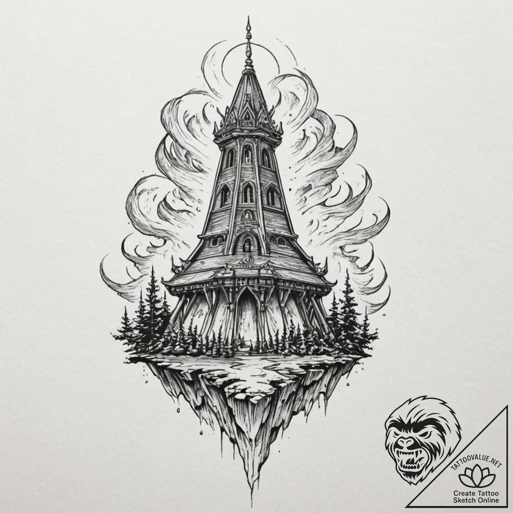 Temple spire breaking through mist, tattoo fl... - tattoo sketch (№1753225355_0, 22.07.2025 23:02) — tattoovalue.net