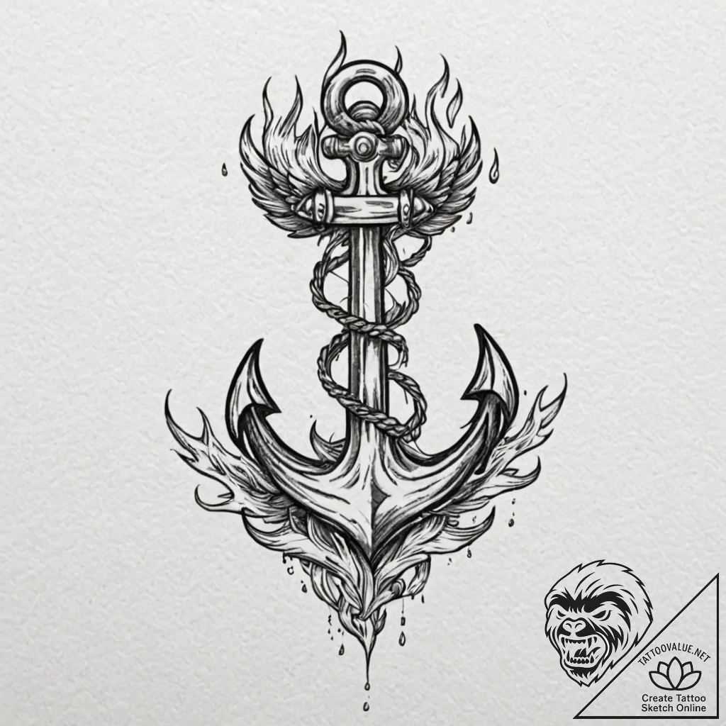 Anchor with wings and flames, concept art for... - tattoo sketch (№1753226197_0, 22.07.2025 23:16) — tattoovalue.net