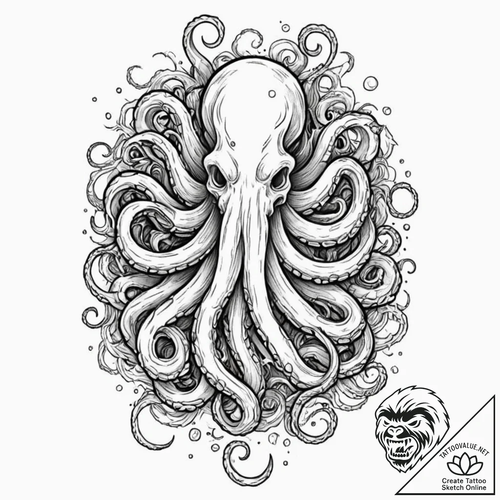 Kraken devouring sunken bells, tattoo drawing... - tattoo sketch (№1753226786_0, 22.07.2025 23:26) — tattoovalue.net