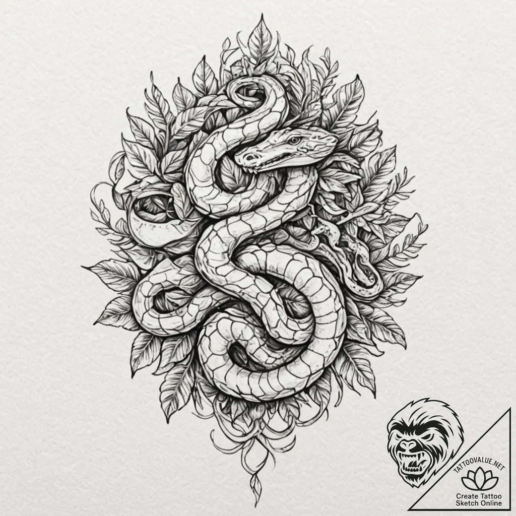 Jungle serpent crowned with roots, tattoo fla... - tattoo sketch (№1753226952_0, 22.07.2025 23:29) — tattoovalue.net