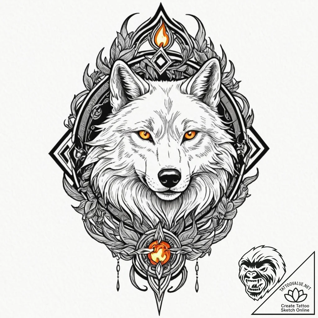 Arcane wolf with flaming eyes, tattoo flash s... - tattoo sketch (№1753227117_0, 22.07.2025 23:31) — tattoovalue.net