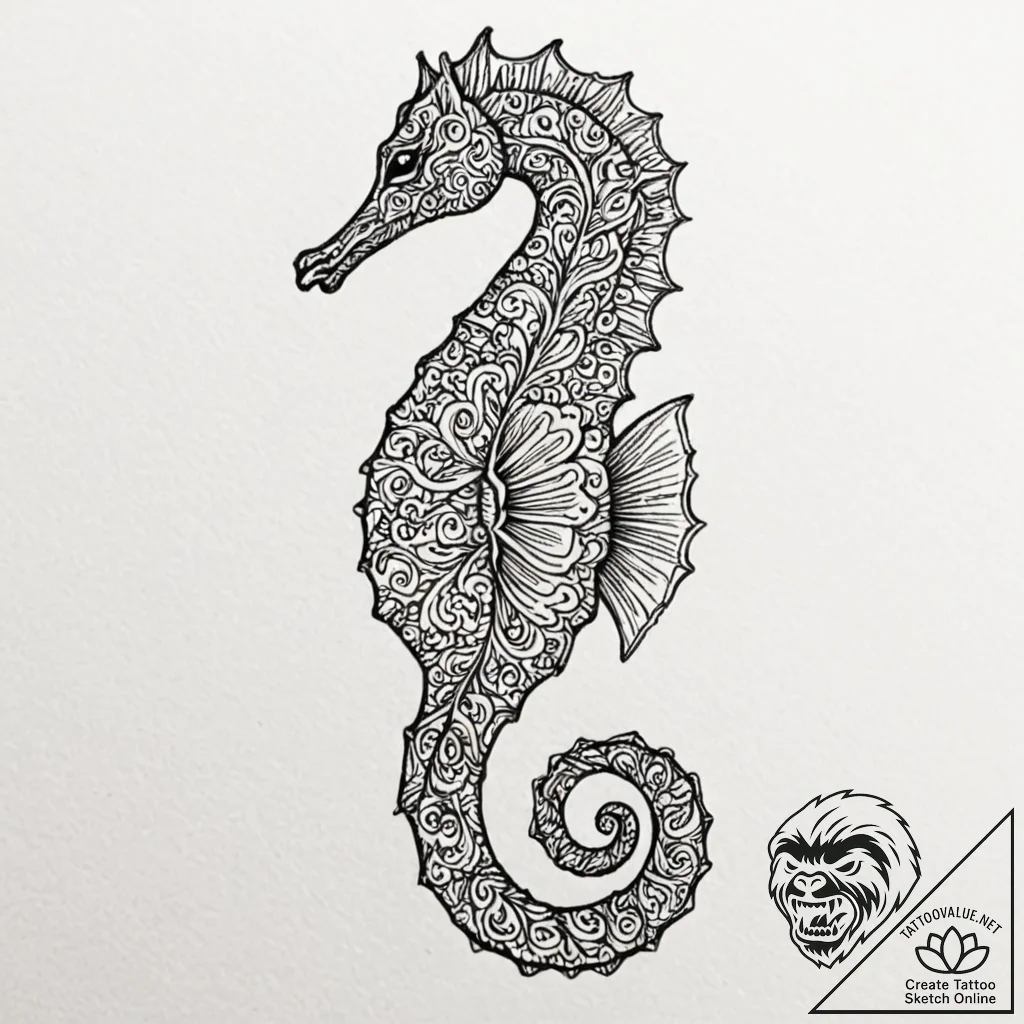 A seahorse with intricate patterns (is there,... - tattoo sketch (№1753228111_0, 22.07.2025 23:48) — tattoovalue.net