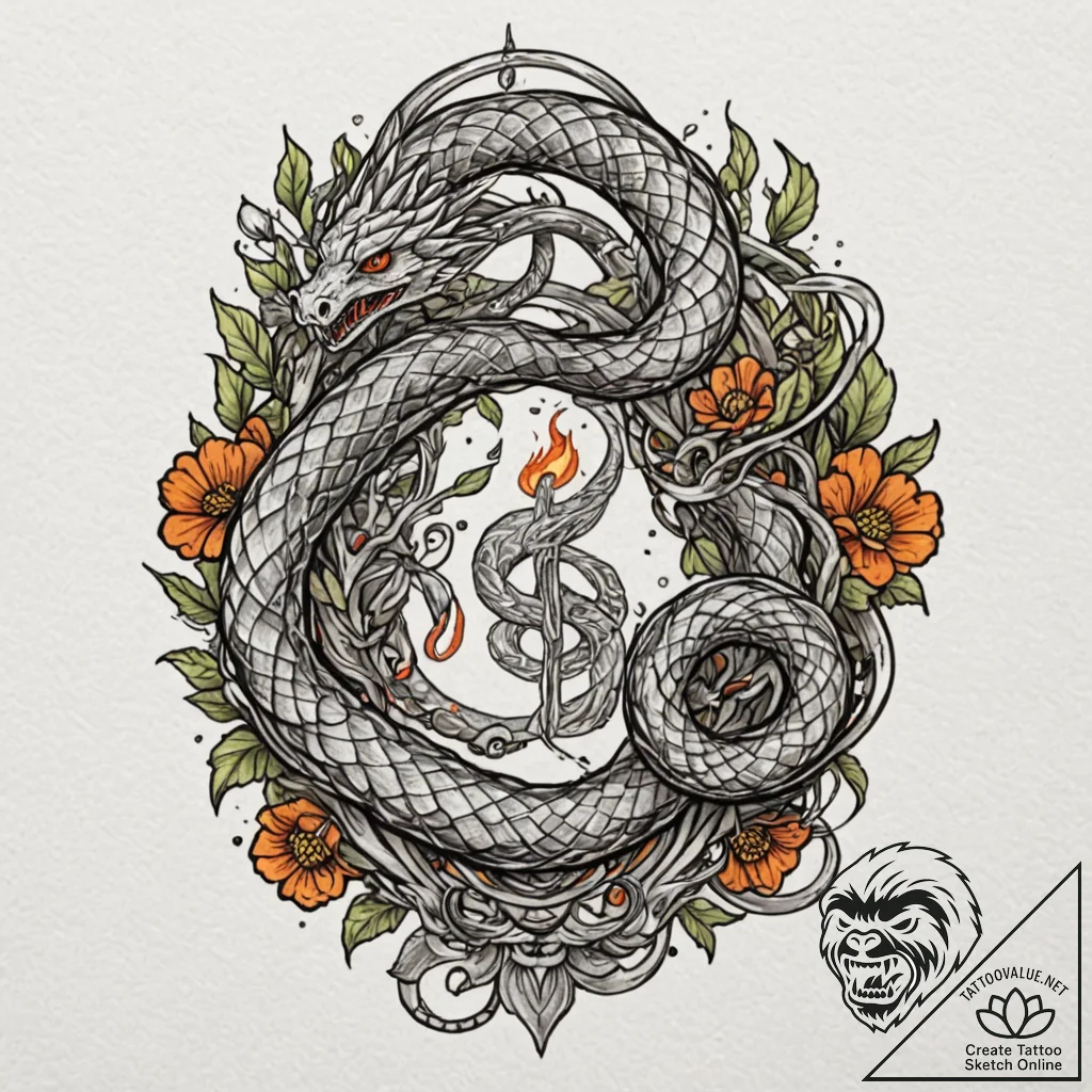 Ashen serpent with glowing wounds, tattoo fla... - tattoo sketch (№1753229055_0, 23.07.2025 00:04) — tattoovalue.net