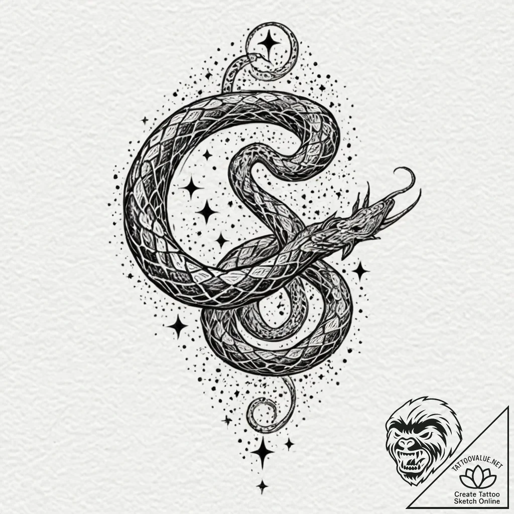 Spectral serpent weaving through stars, conce... - tattoo sketch (№1753229511_0, 23.07.2025 00:11) — tattoovalue.net