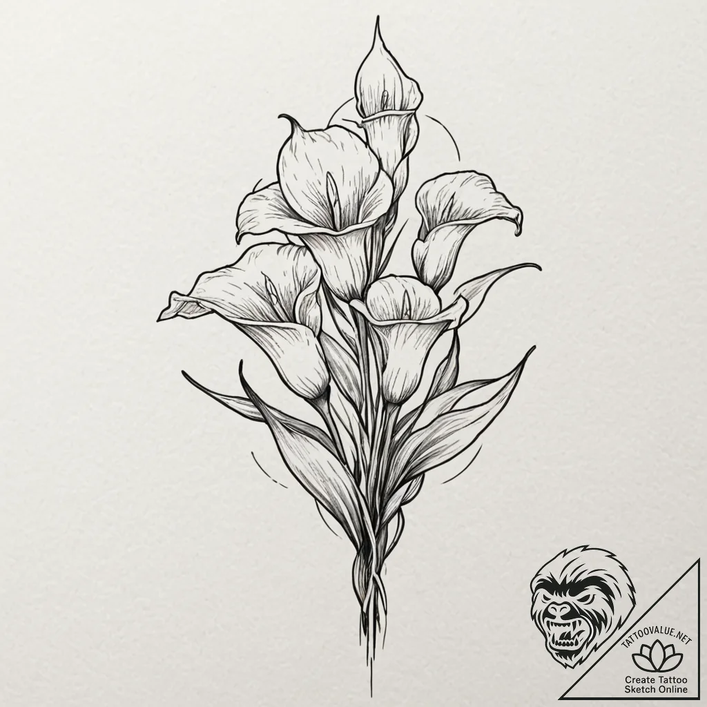 Calla lilies, ink illustration for tattoo, ma... - tattoo sketch (№1753229815_0, 23.07.2025 00:16) — tattoovalue.net
