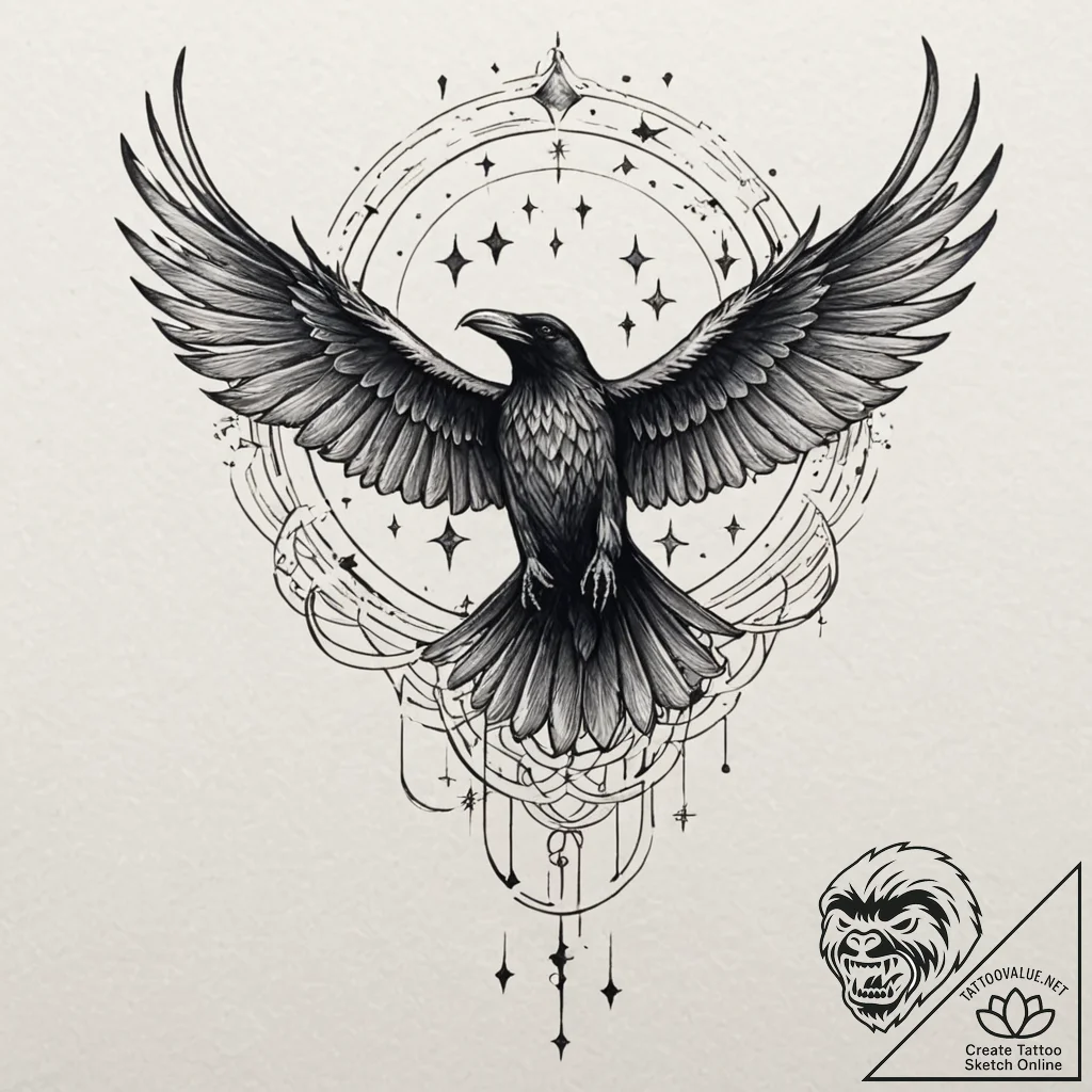 Astral raven with starry wings, artistic tatt... - tattoo sketch (№1753230574_0, 23.07.2025 00:29) — tattoovalue.net