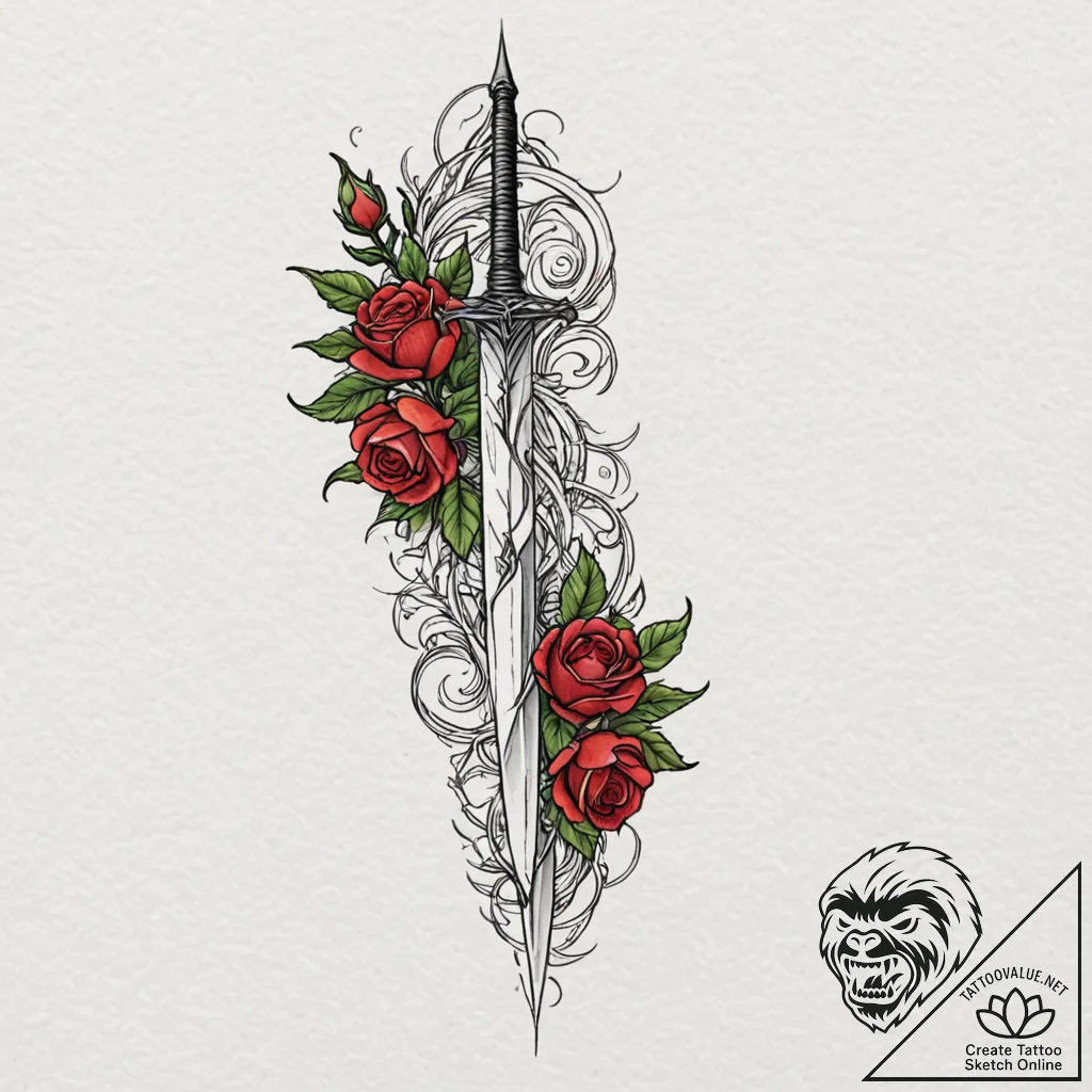 Rosethorn dagger beneath crimson bloom, tatto... - tattoo sketch (№1753230650_0, 23.07.2025 00:30) — tattoovalue.net