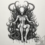 Xenomorph queen on a throne of twisted metal… – tattoo sketch (№1753231408_0, 23.07.2025 00:43) — tattoovalue.net