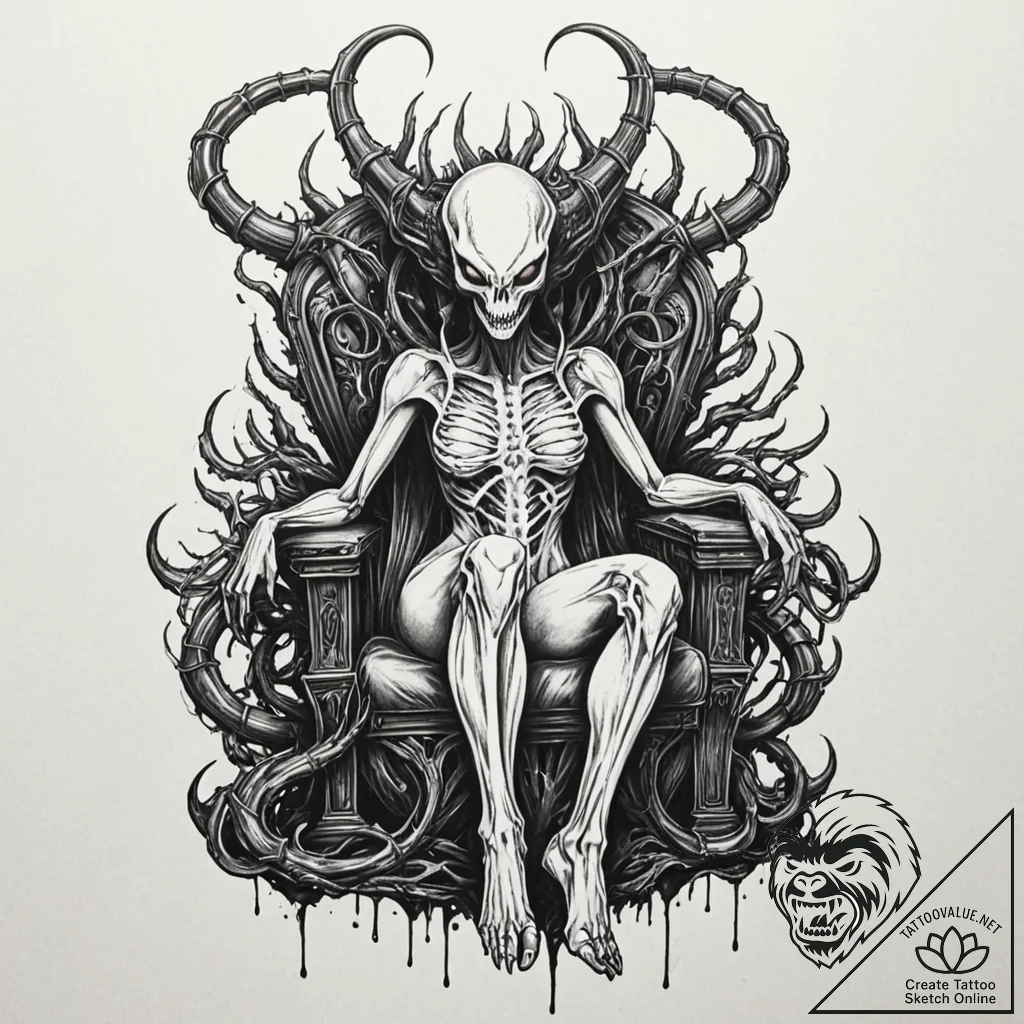 Xenomorph queen on a throne of twisted metal... - tattoo sketch (№1753231408_0, 23.07.2025 00:43) — tattoovalue.net