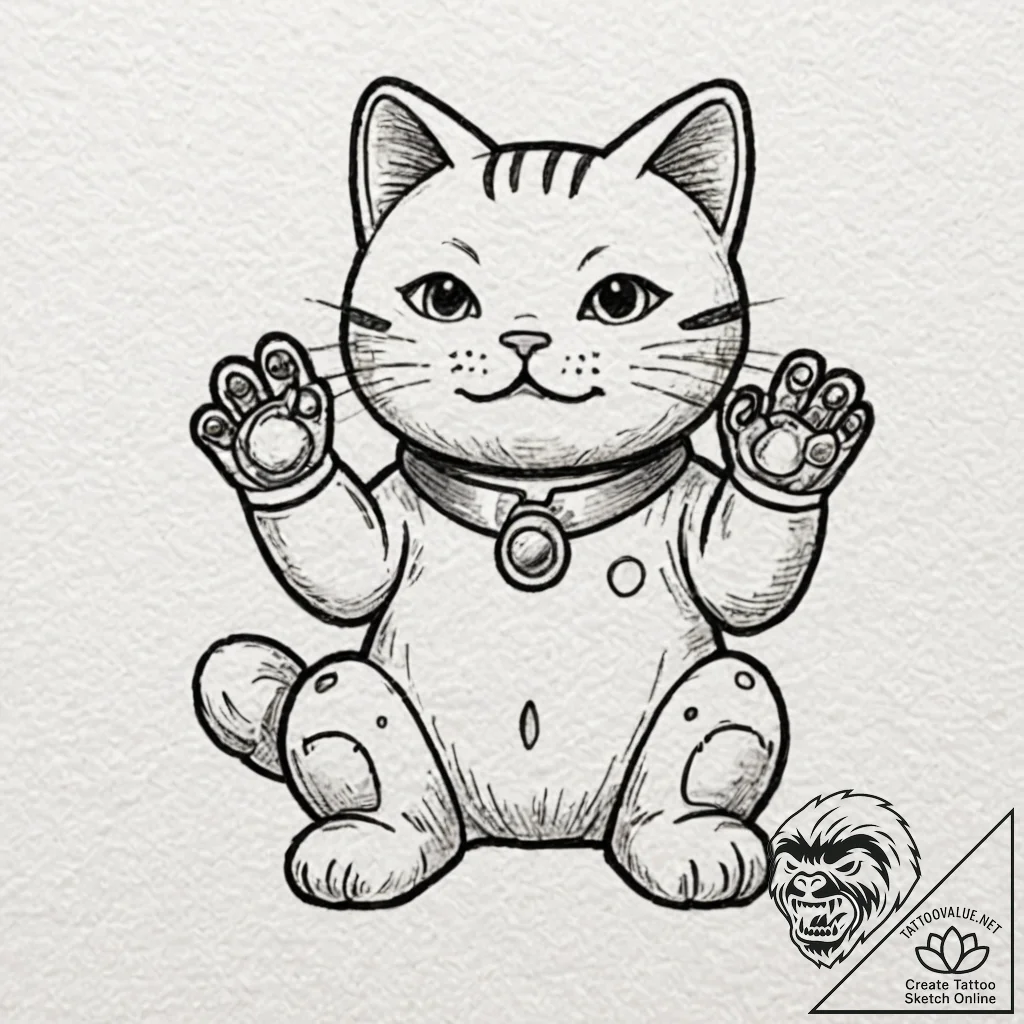 Maneki-neko (lucky cat) with a robotic, wavin... - tattoo sketch (№1753233086_0, 23.07.2025 01:11) — tattoovalue.net