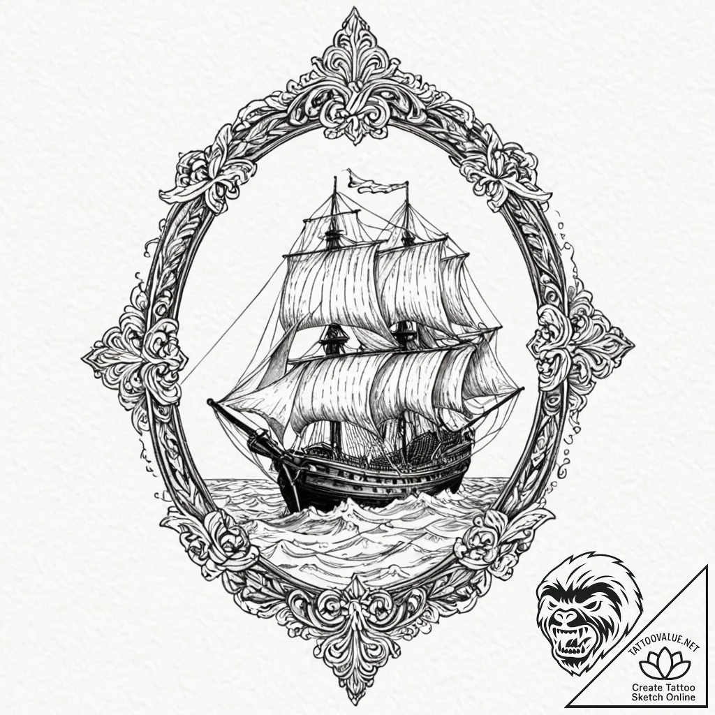 A ship sailing on a sea of sand, ink illustra... - tattoo sketch (№1753233163_0, 23.07.2025 01:12) — tattoovalue.net