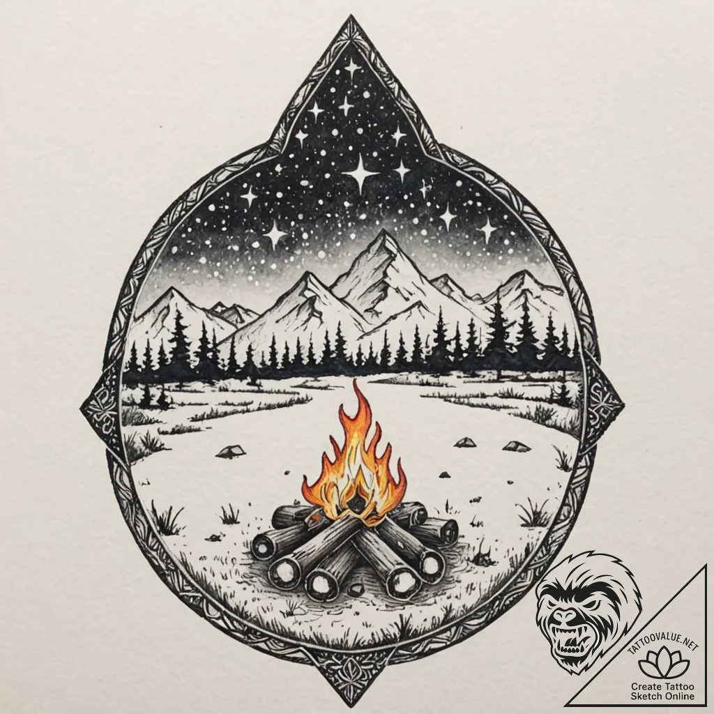 Orcish campfire beneath starlit sky, concept... - tattoo sketch (№1753234459_0, 23.07.2025 01:34) — tattoovalue.net
