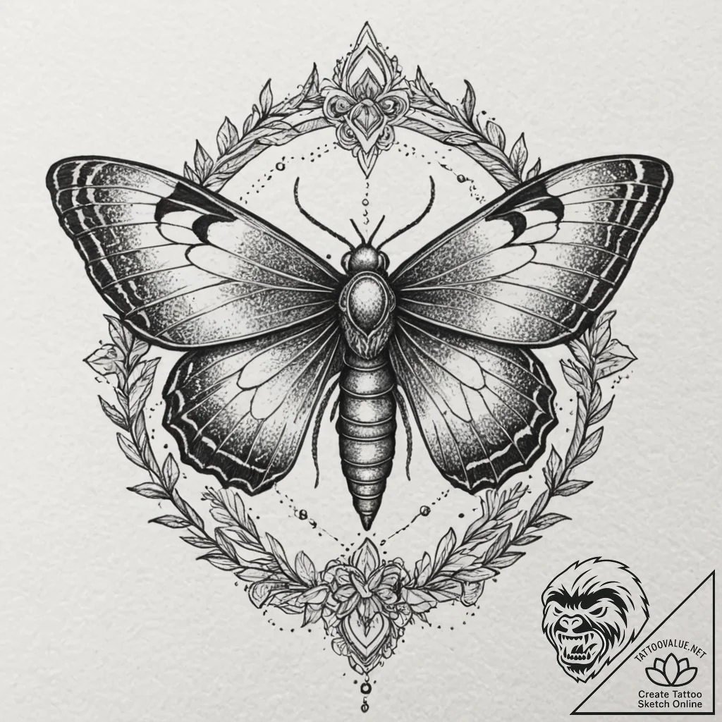 Moth drawn to a glowing, ancient rune, artist... - tattoo sketch (№1753235147_0, 23.07.2025 01:45) — tattoovalue.net