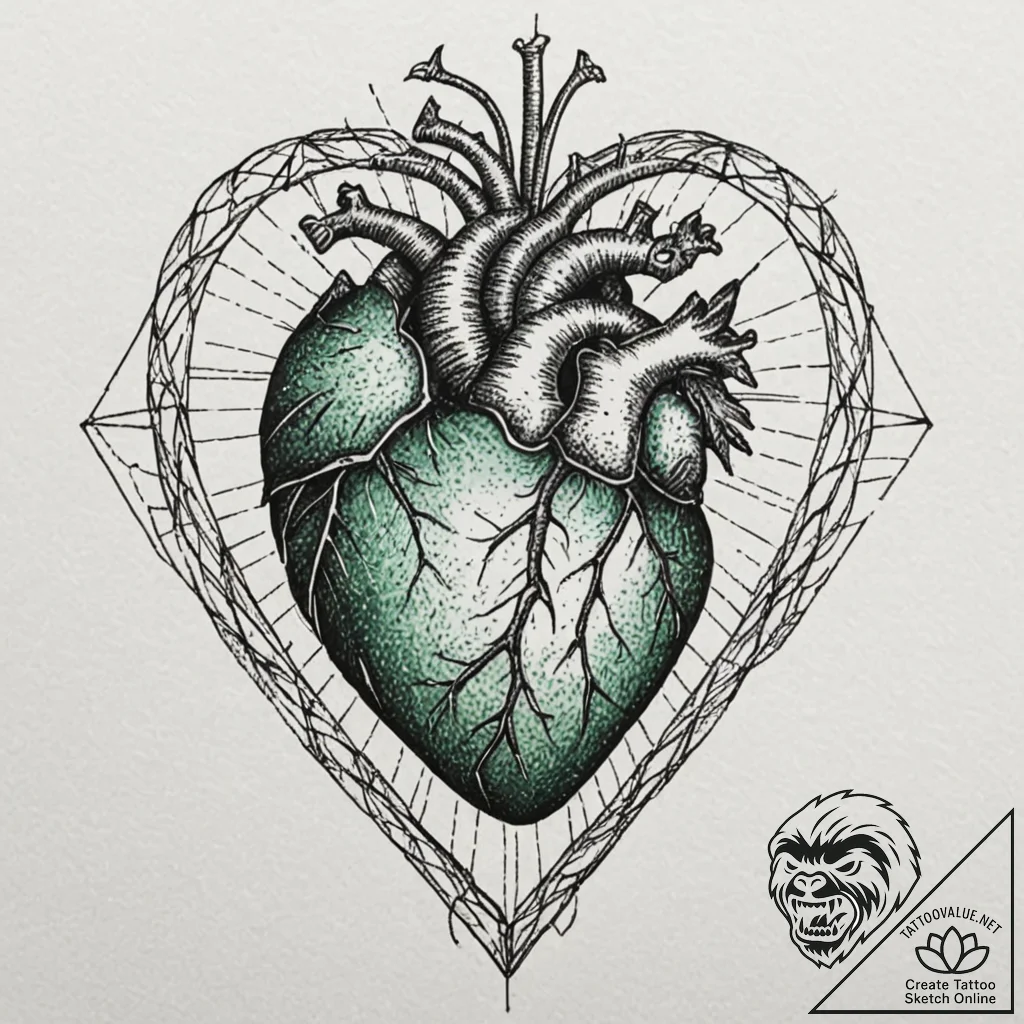 Emerald heart in skeletal cage, tattoo line a... - tattoo sketch (№1753235452_0, 23.07.2025 01:50) — tattoovalue.net