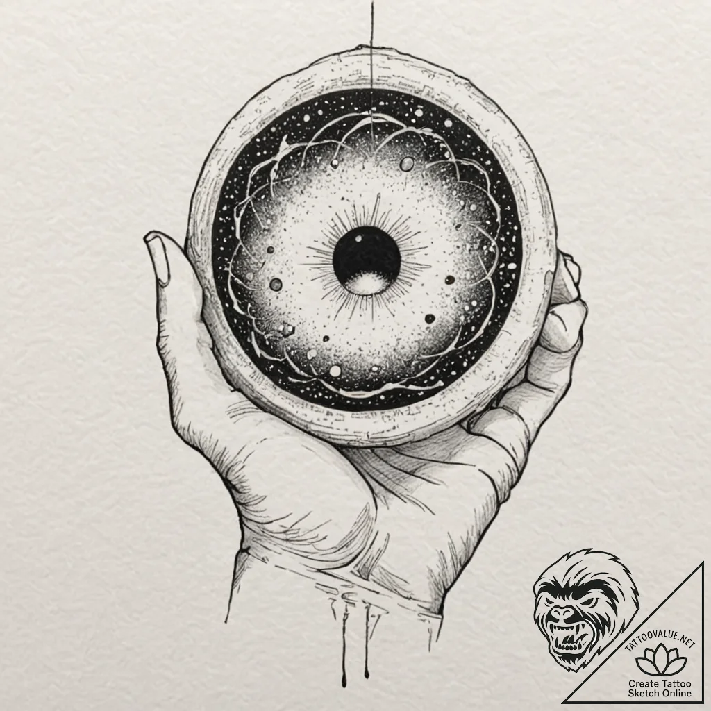 A hand holding a miniature black hole, tattoo... - tattoo sketch (№1753235986_0, 23.07.2025 01:59) — tattoovalue.net