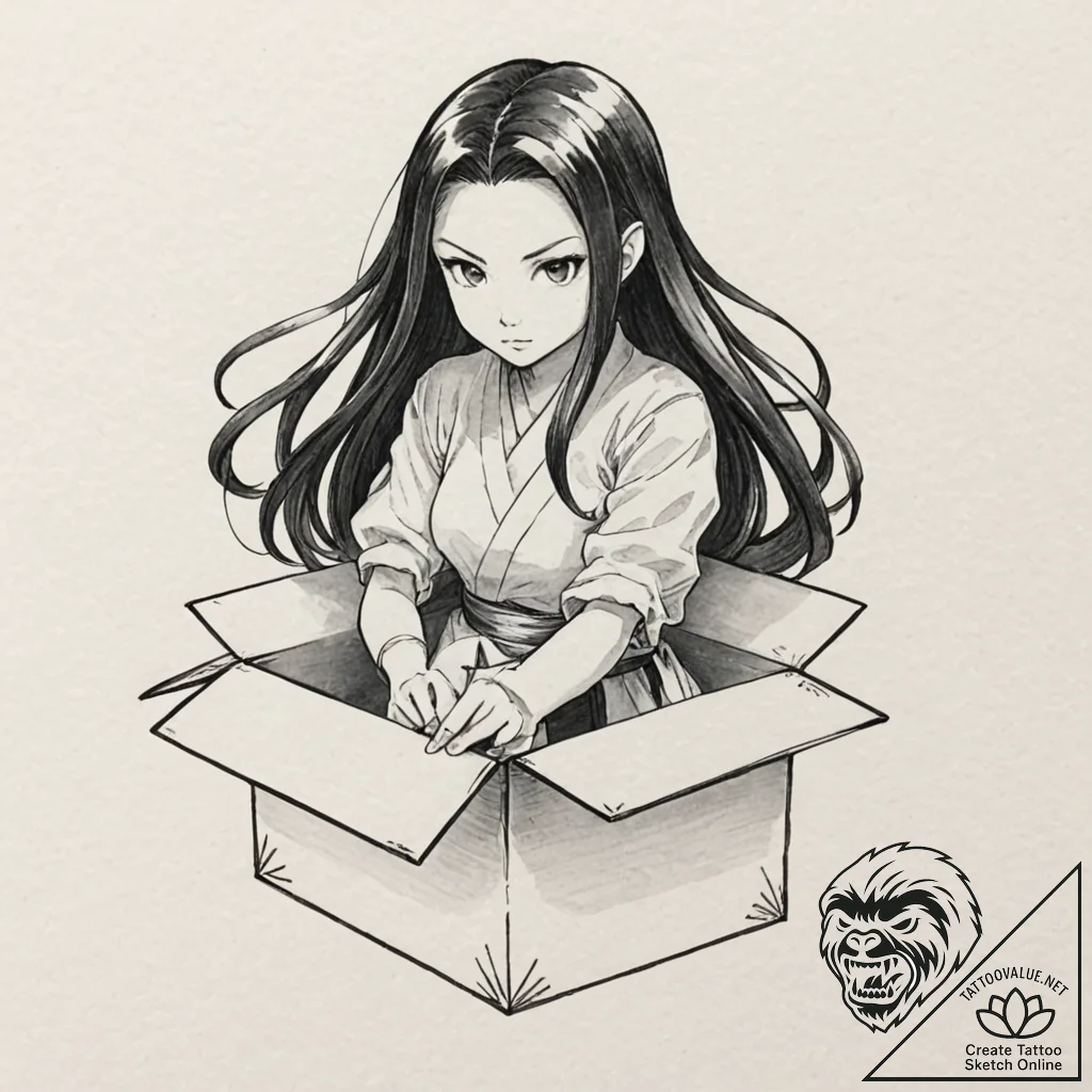 Nezuko in her box from demon slayer - tattoo sketch (№1753236974_0, 23.07.2025 02:16) — tattoovalue.net