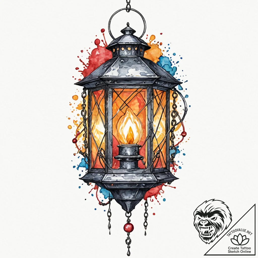 Lantern tethered by bone chains, artistic tat... - tattoo sketch (№1753237050_0, 23.07.2025 02:17) — tattoovalue.net