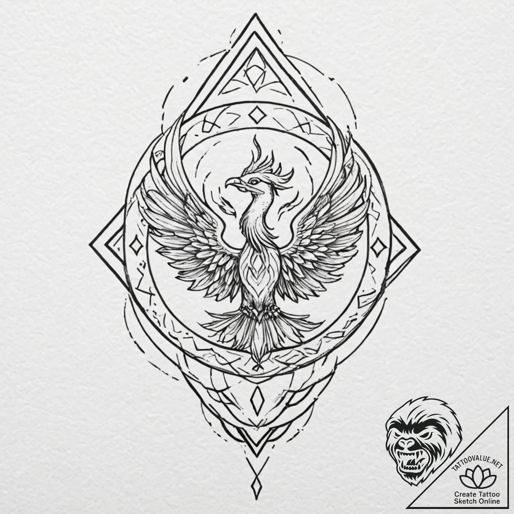 Phoenix sigil beneath burning sky, tattoo lin... - tattoo sketch (№1753237278_0, 23.07.2025 02:21) — tattoovalue.net