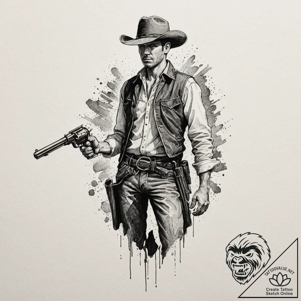 Wild west gunslinger duel, tattoo line art, t... - tattoo sketch (№1753237659_0, 23.07.2025 02:27) — tattoovalue.net