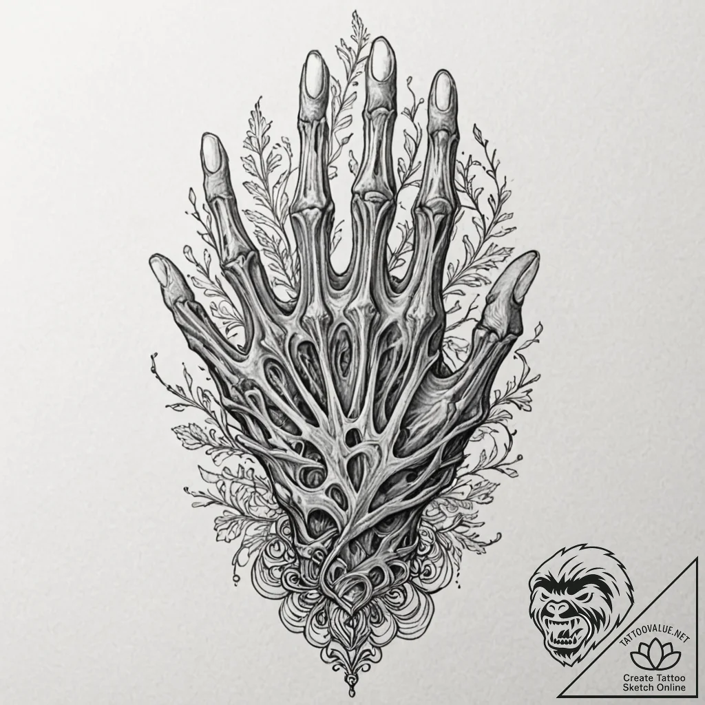 Oak relic held by skeletal hand, tattoo drawi... - tattoo sketch (№1753239036_0, 23.07.2025 02:50) — tattoovalue.net