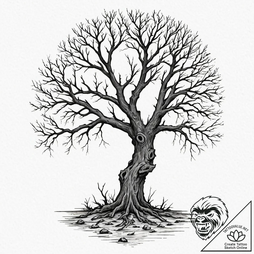 A gnarled, dead tree against a full moon - tattoo sketch (№1753239112_0, 23.07.2025 02:51) — tattoovalue.net