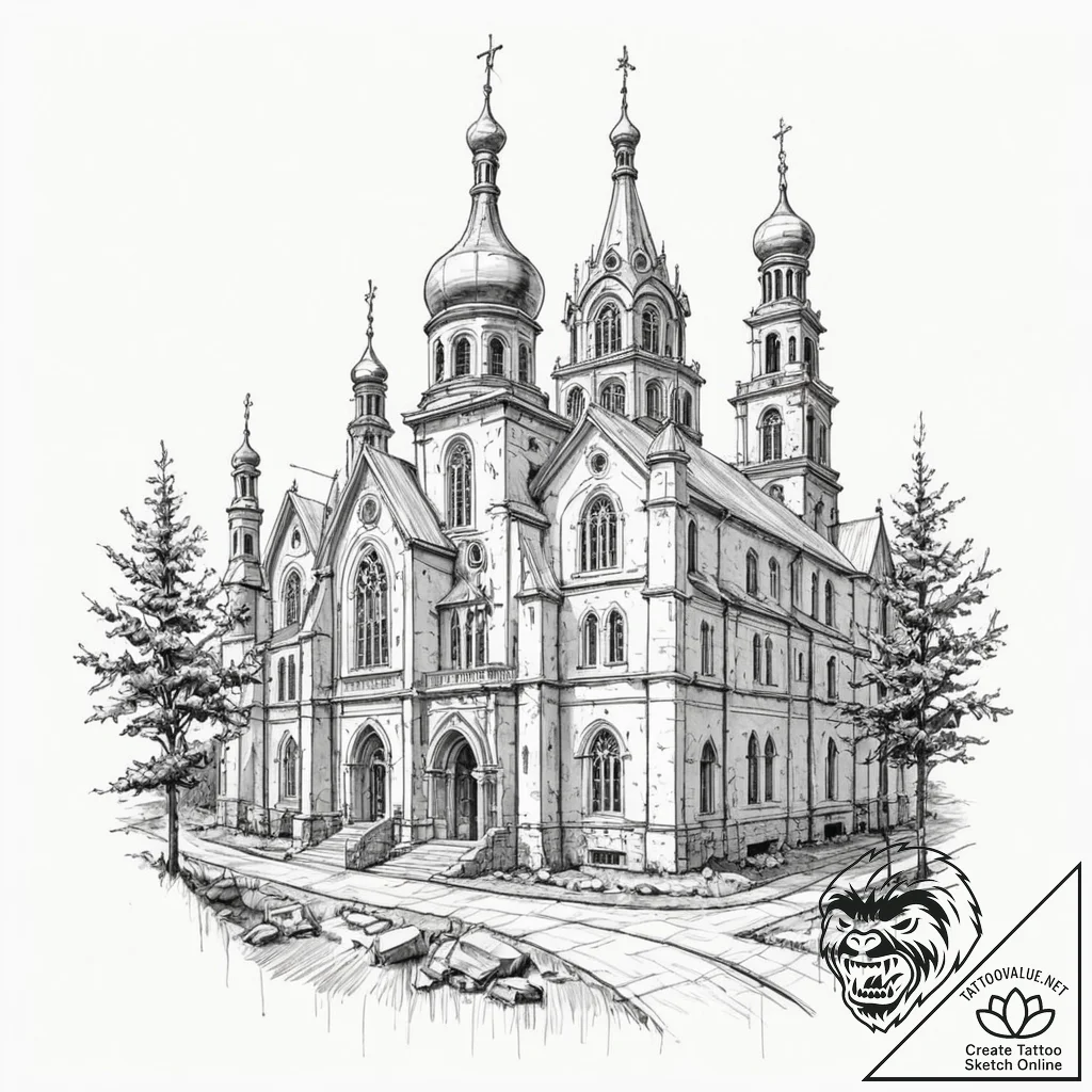 Russian prison-style tattoo of a cathedral, b... - tattoo sketch (№1753239497_0, 23.07.2025 02:58) — tattoovalue.net
