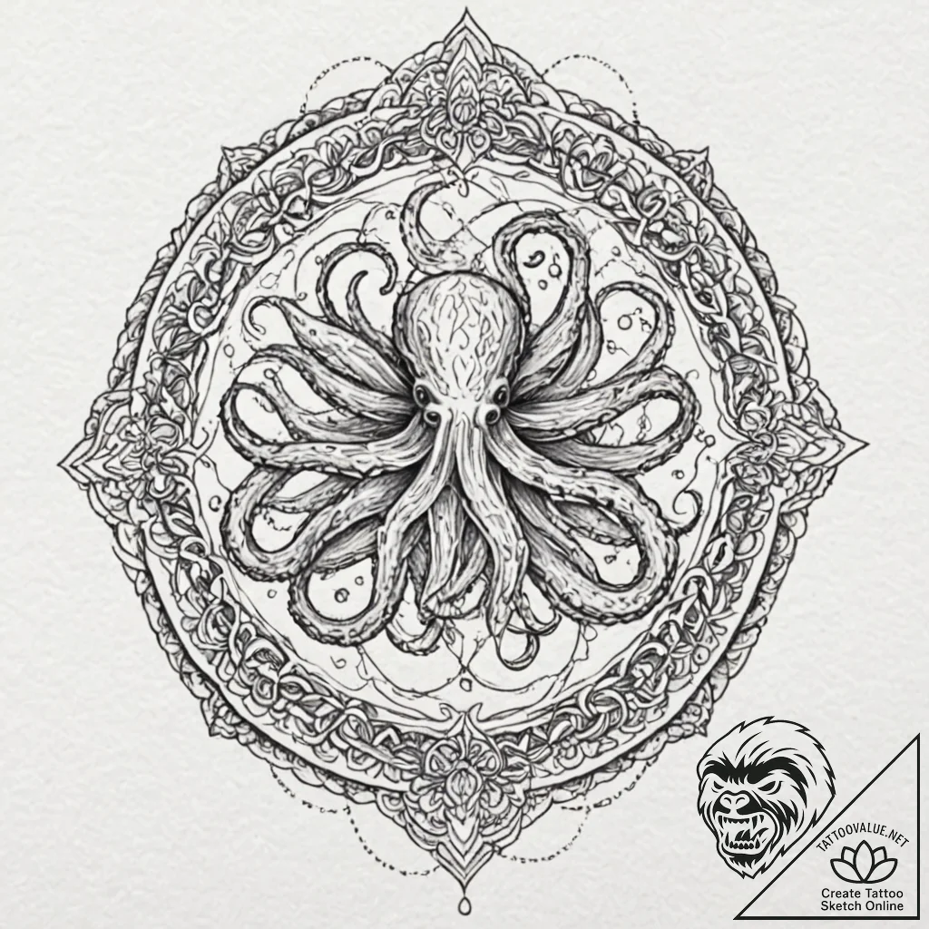 Kraken maw beneath icy gate, tattoo flash she... - tattoo sketch (№1753239573_0, 23.07.2025 02:59) — tattoovalue.net