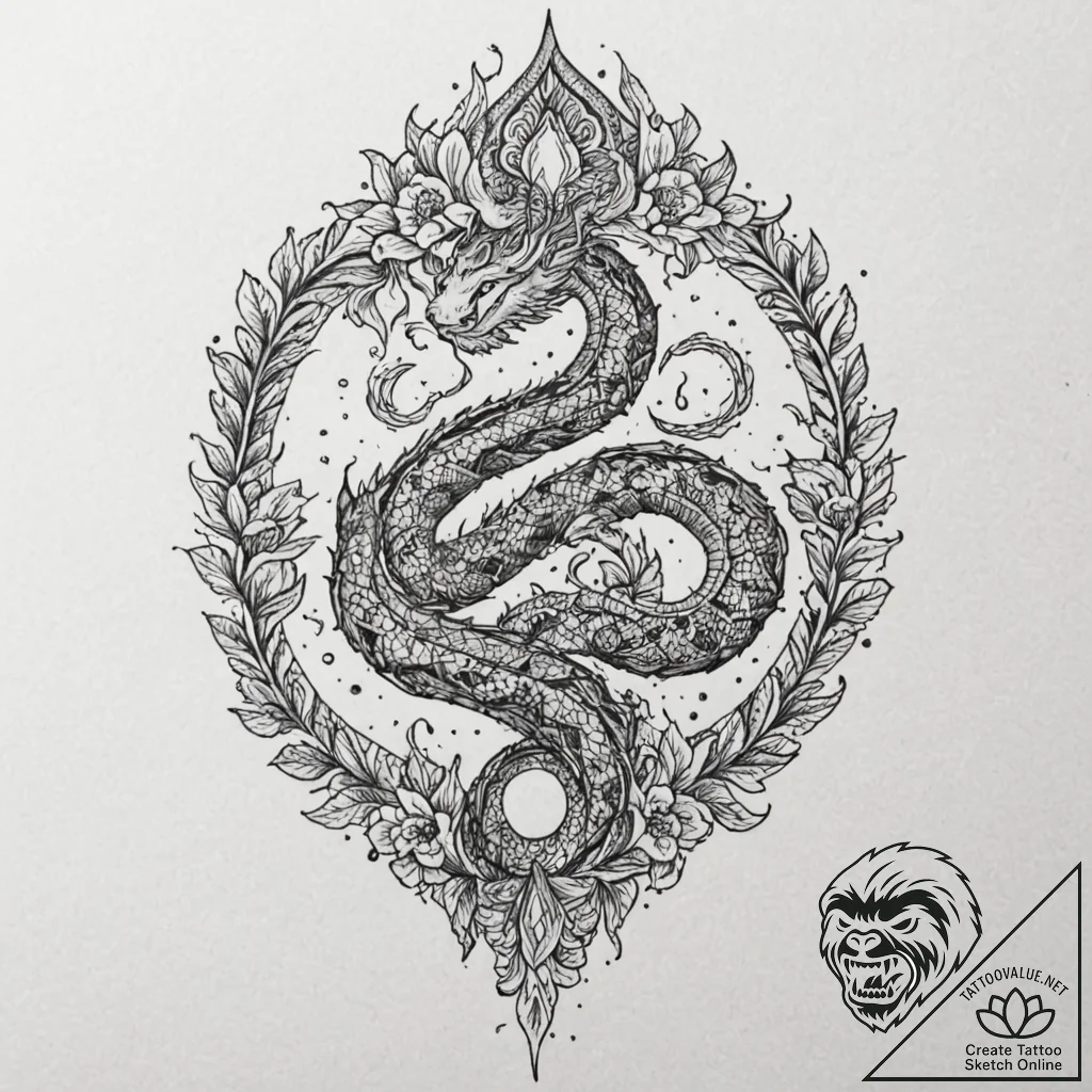Flaming serpent beneath celestial bloom, tatt... - tattoo sketch (№1753239959_0, 23.07.2025 03:05) — tattoovalue.net