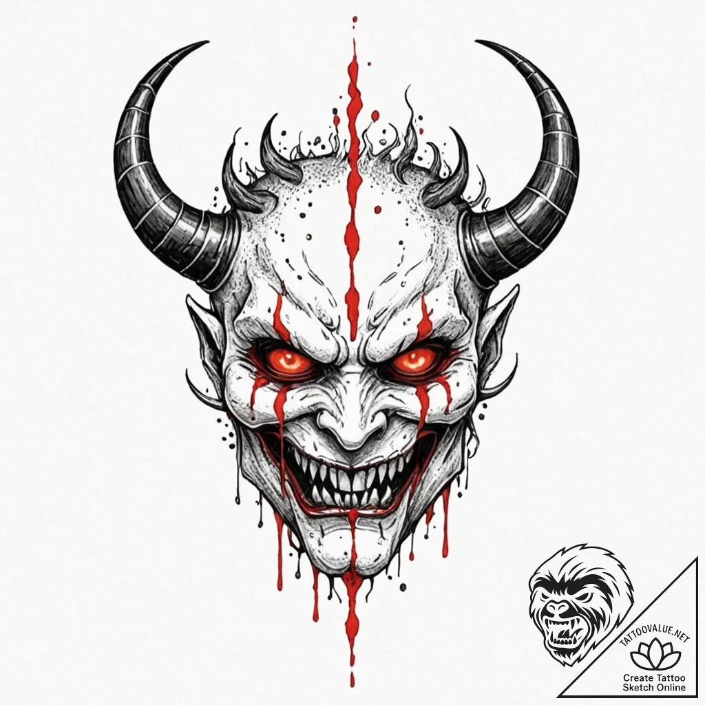 Demon mask with burning eyes, ink illustratio... - tattoo sketch (№1753240036_0, 23.07.2025 03:07) — tattoovalue.net