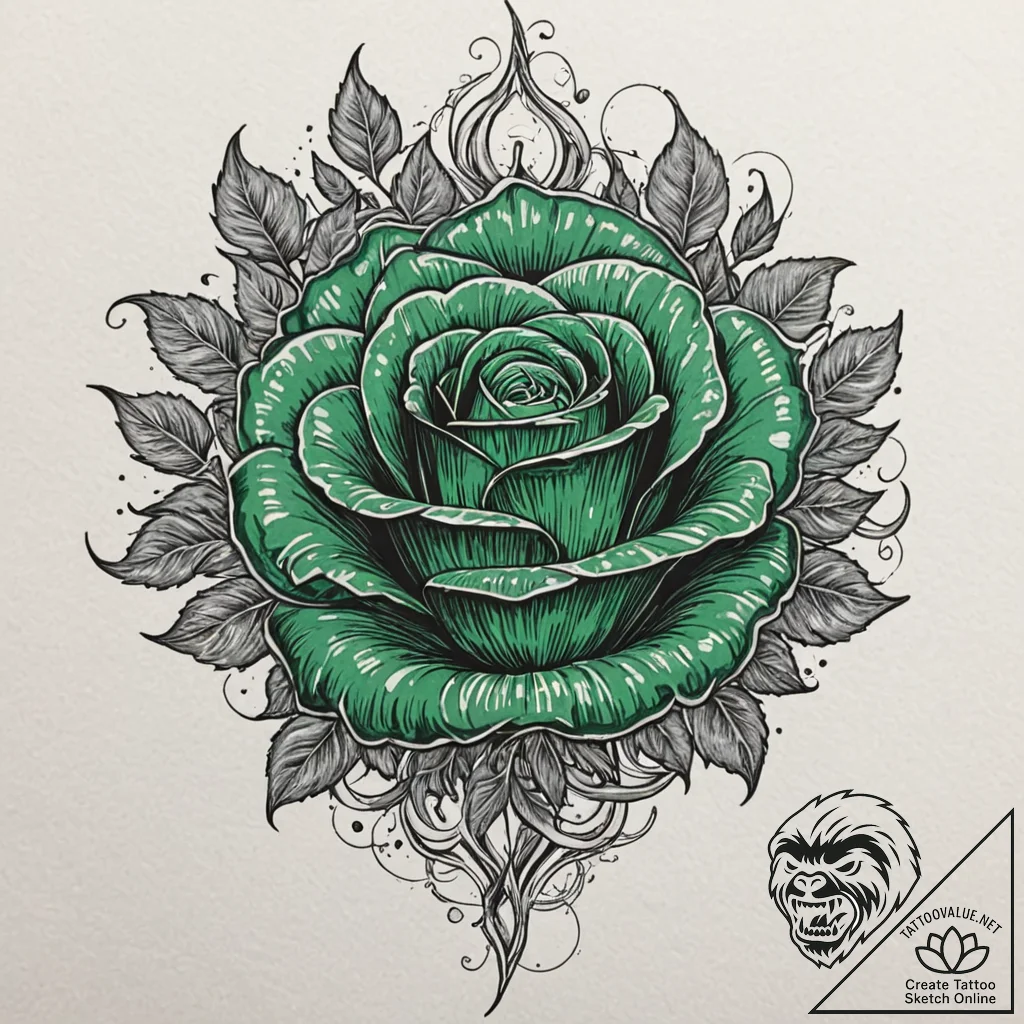 Emerald flames devouring rose, concept art fo... - tattoo sketch (№1753240574_0, 23.07.2025 03:16) — tattoovalue.net