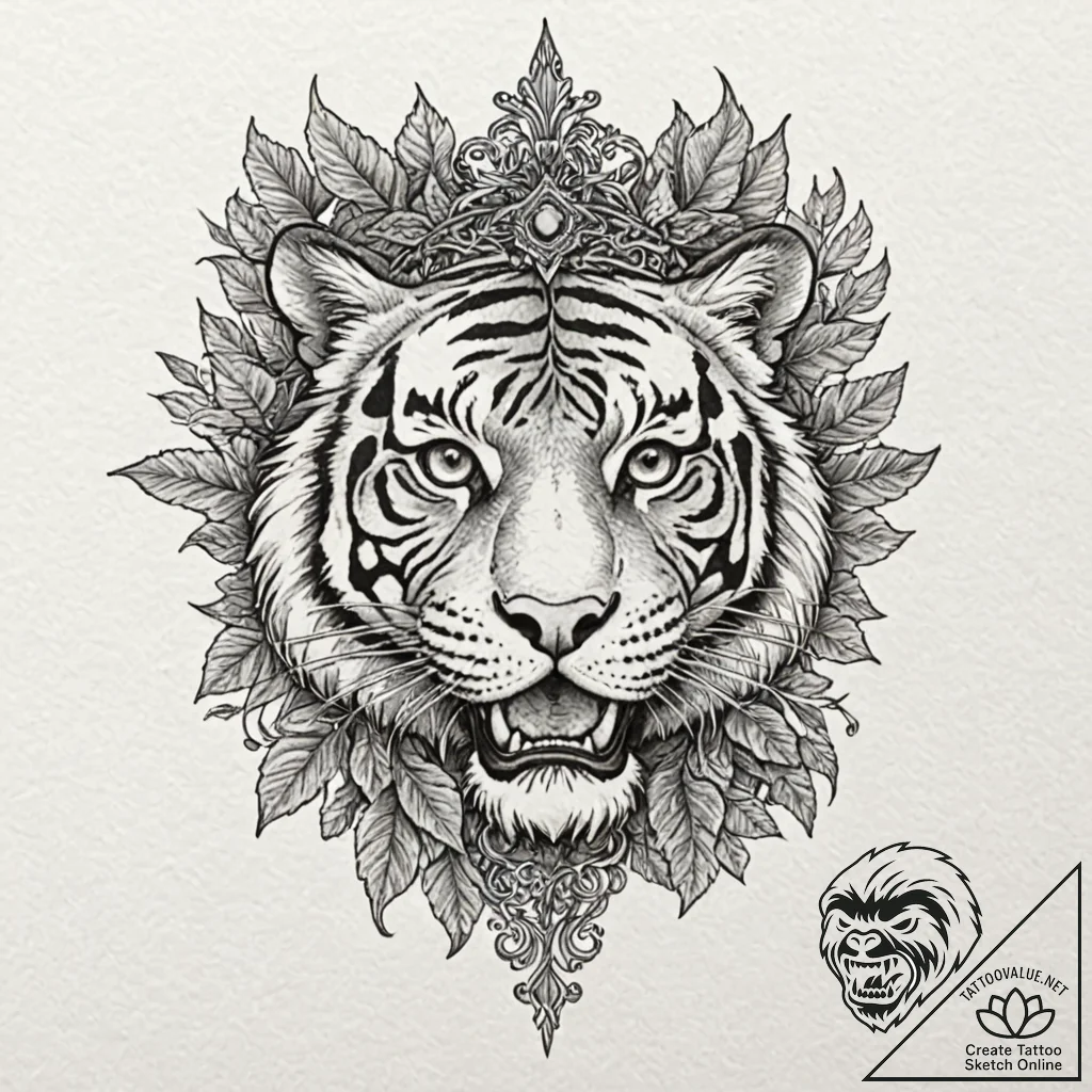 Tiger skull crowned with ivy, tattoo line art... - tattoo sketch (№1753240804_0, 23.07.2025 03:20) — tattoovalue.net