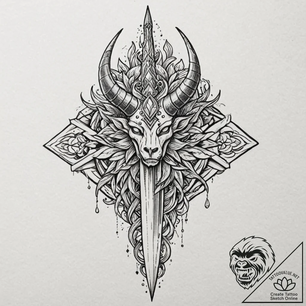Horned dagger crowned with stars, tattoo flas... - tattoo sketch (№1753241641_0, 23.07.2025 03:34) — tattoovalue.net