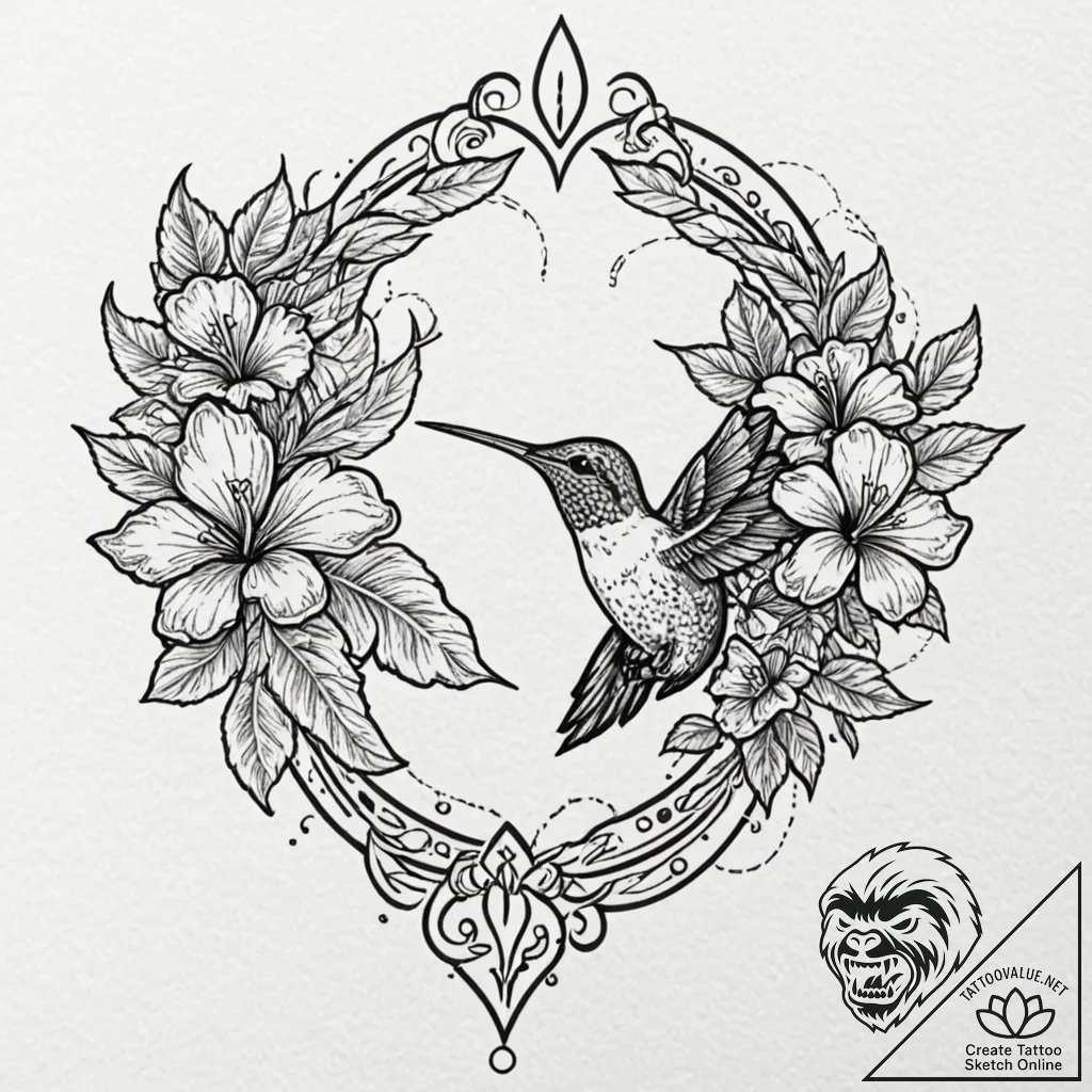 A hummingbird drinking from a hibiscus flower... - tattoo sketch (№1753242403_0, 23.07.2025 03:46) — tattoovalue.net