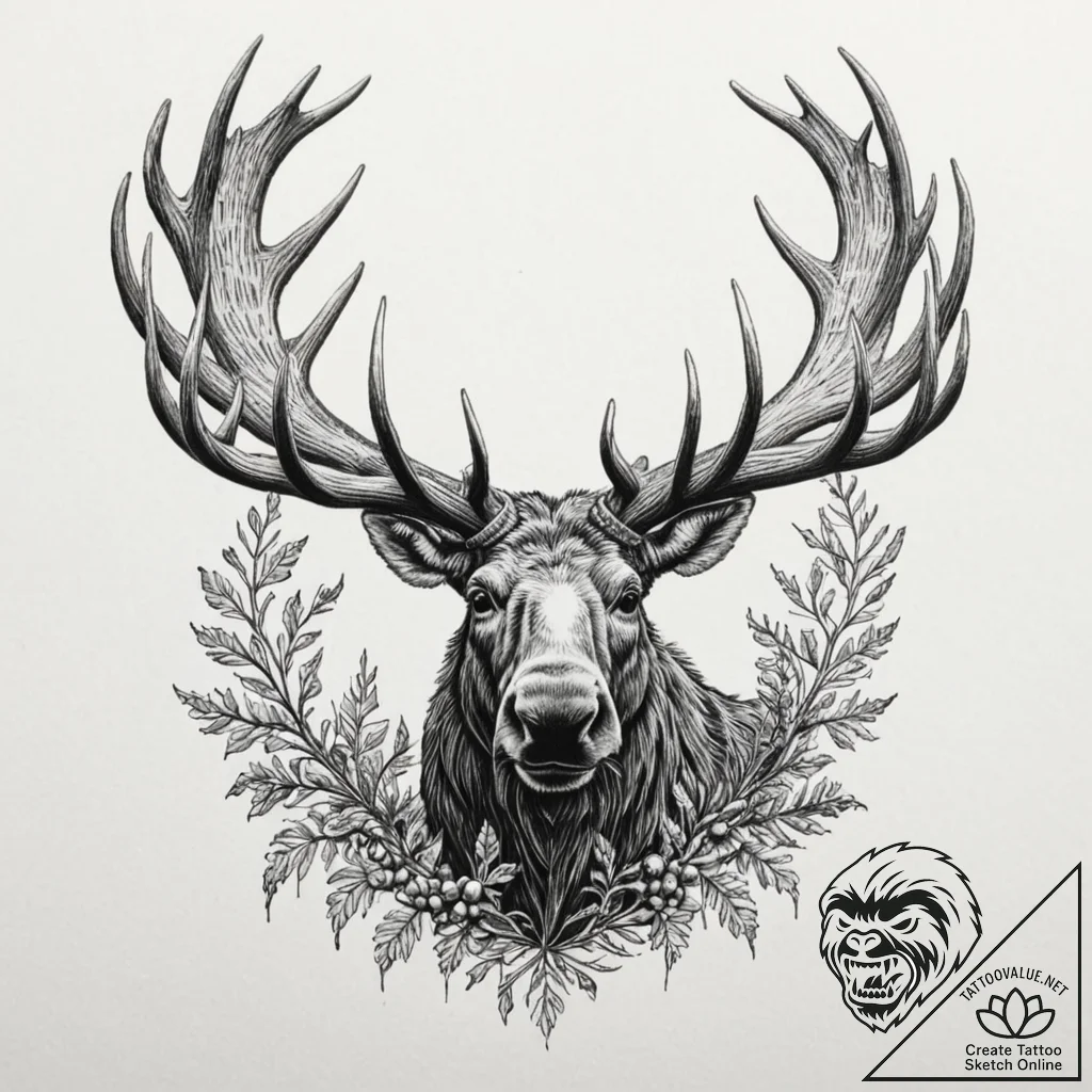 Moose antlers wrapped in vines, concept art f... - tattoo sketch (№1753242555_0, 23.07.2025 03:49) — tattoovalue.net