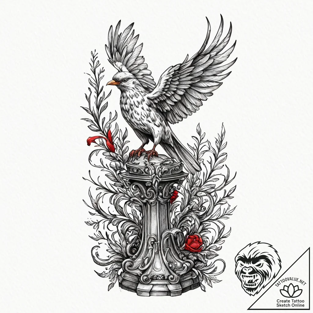 A whimsical bird perched on a statue, stillne... - tattoo sketch (№1753243165_0, 23.07.2025 03:59) — tattoovalue.net