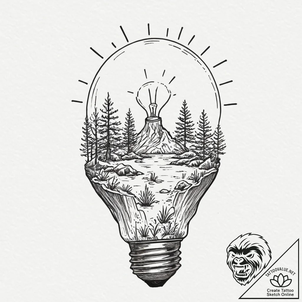A lightbulb containing a tiny ecosystem - tattoo sketch (№1753243544_0, 23.07.2025 04:05) — tattoovalue.net