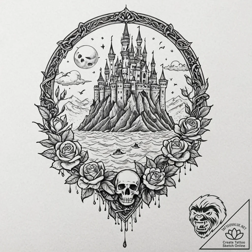 Floating castle chained to the ocean floor, a... - tattoo sketch (№1753244227_0, 23.07.2025 04:17) — tattoovalue.net