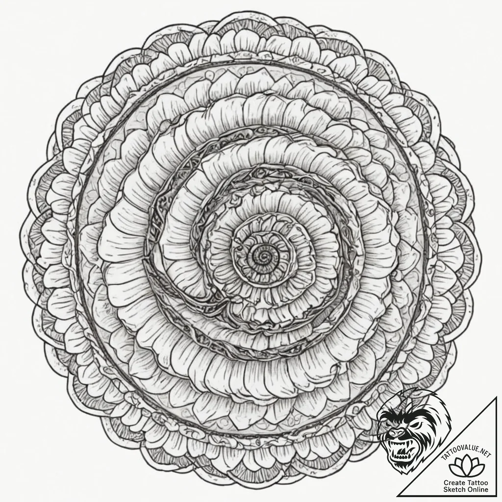 Ammonite fossil unfurling into a complex, mec... - tattoo sketch (№1753244303_0, 23.07.2025 04:18) — tattoovalue.net