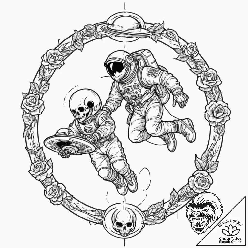 Astronaut skateboarding on the rings of satur... - tattoo sketch (№1753244380_0, 23.07.2025 04:19) — tattoovalue.net