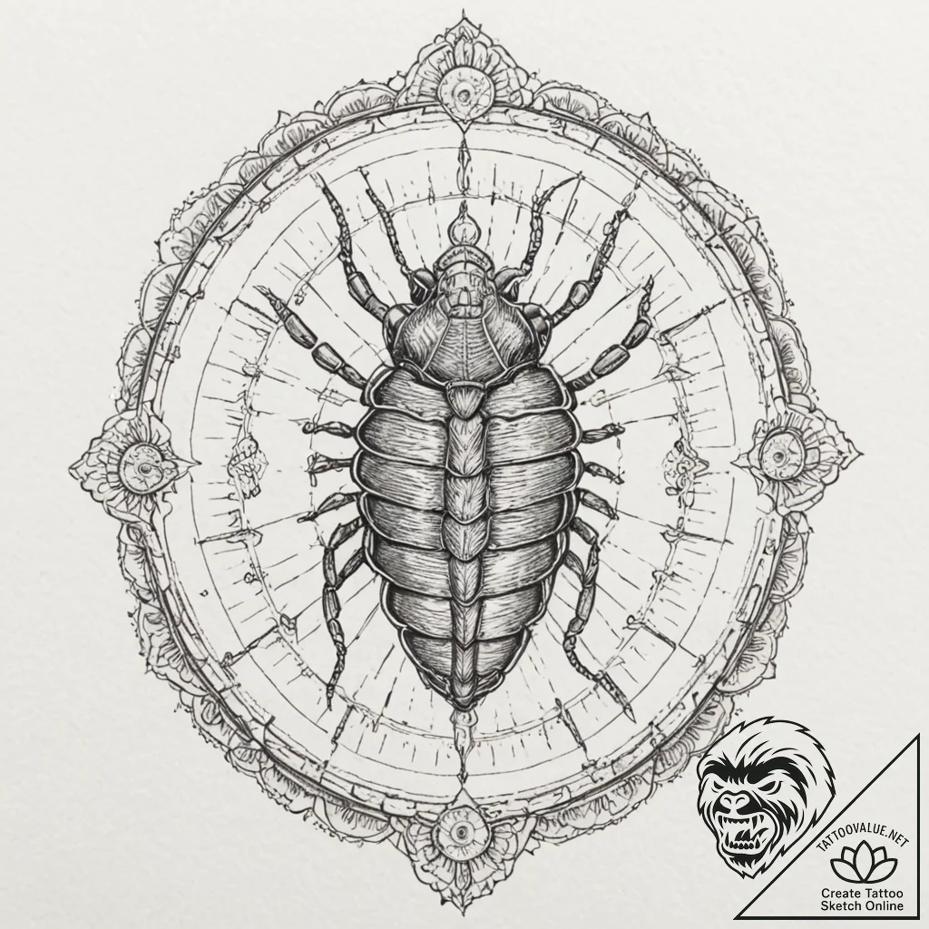 Fossilized trilobite with a microchip embedde... - tattoo sketch (№1753244456_0, 23.07.2025 04:20) — tattoovalue.net