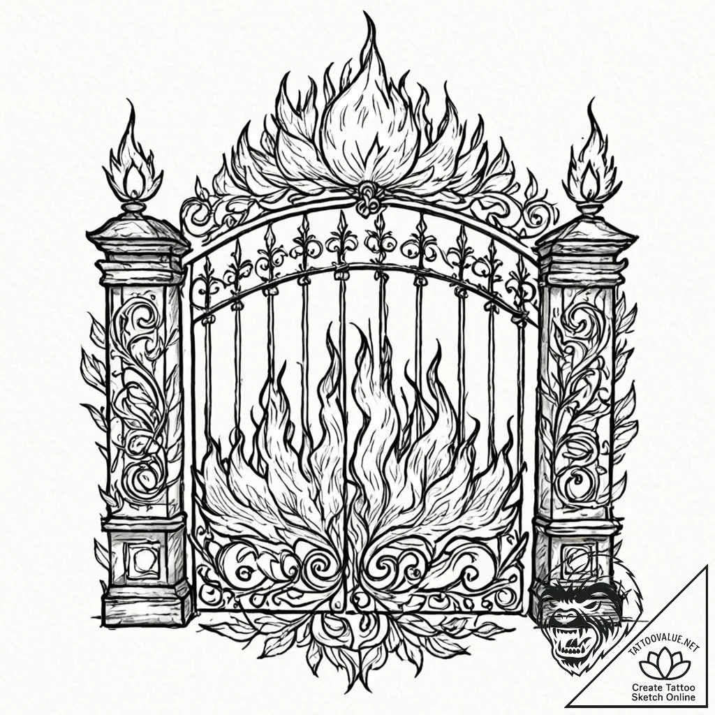 Iron gates crowned with flame, concept art fo... - tattoo sketch (№1753244532_0, 23.07.2025 04:22) — tattoovalue.net