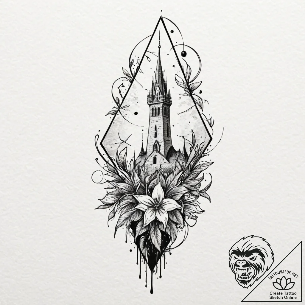 Nightshade bloom beneath spectral spire, tatt... - tattoo sketch (№1753244912_0, 23.07.2025 04:28) — tattoovalue.net