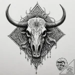 Yak skull with prayer flags, tattoo drawing o… – tattoo sketch (№1753245064_0, 23.07.2025 04:31) — tattoovalue.net
