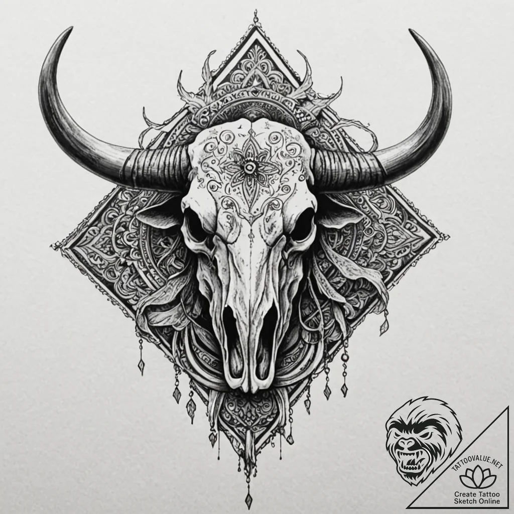 Yak skull with prayer flags, tattoo drawing o... - tattoo sketch (№1753245064_0, 23.07.2025 04:31) — tattoovalue.net