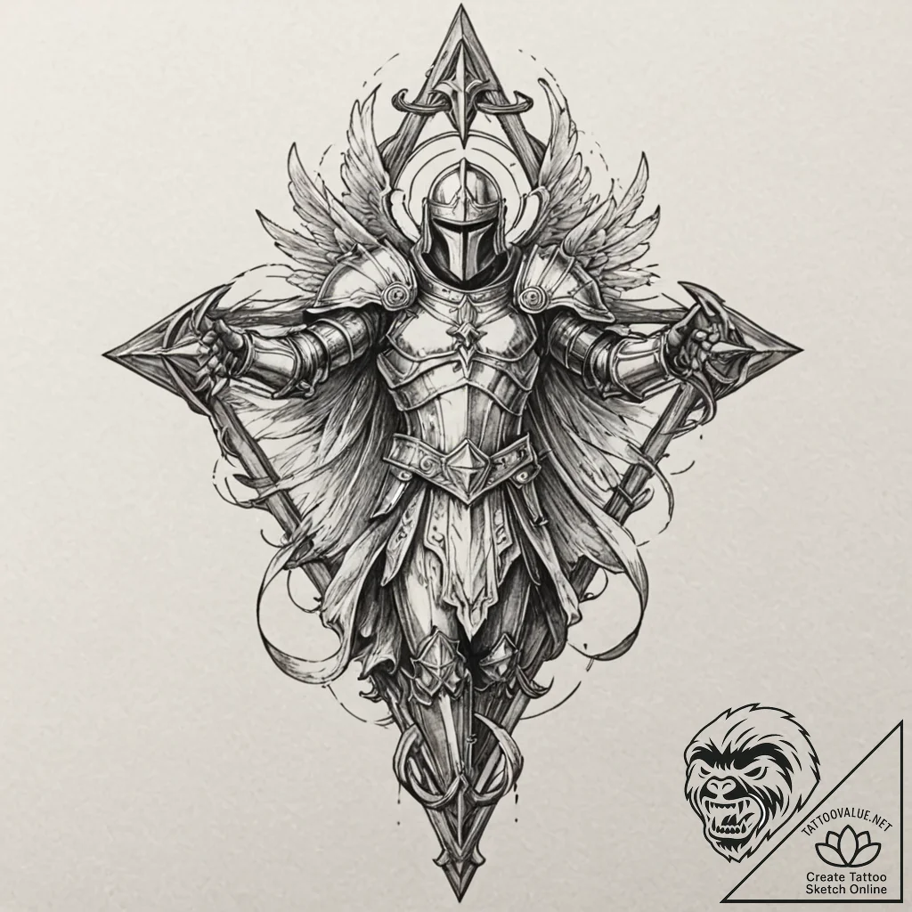 Angelic knight with radiant shield, tattoo dr... - tattoo sketch (№1753246208_0, 23.07.2025 04:50) — tattoovalue.net