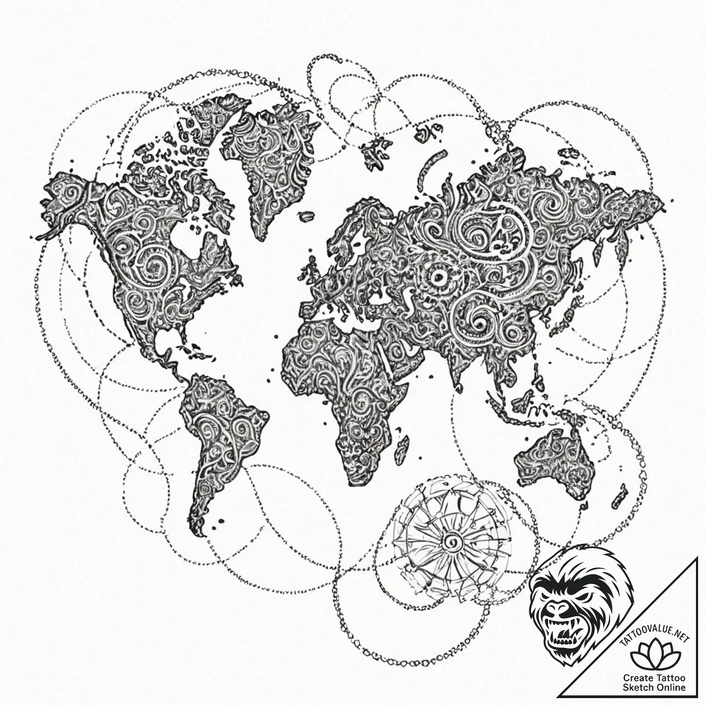 World map, ink illustration for tattoo, sepia... - tattoo sketch (№1753246360_0, 23.07.2025 04:52) — tattoovalue.net