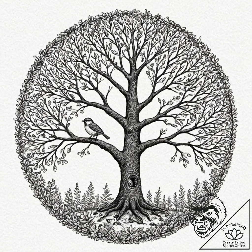 A whimsical bird in a tree hollow, hidden,, t... - tattoo sketch (№1753247045_0, 23.07.2025 05:04) — tattoovalue.net