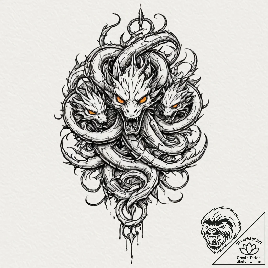 Hydra with heads of fire, ice, and shadow, ta... - tattoo sketch (№1753247658_0, 23.07.2025 05:14) — tattoovalue.net